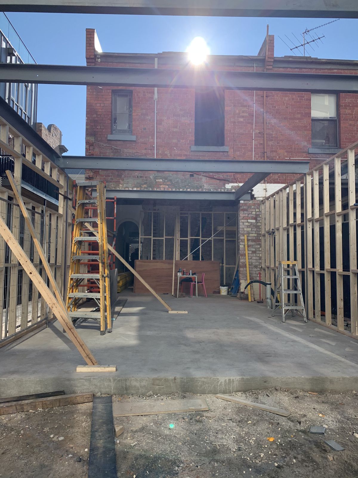 Steel and timber framing of the new extension